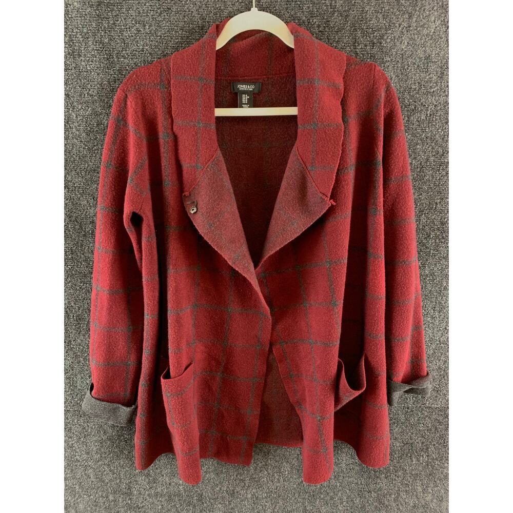 Jones & Co Women’s Windowpane Plaid Sweater Jacket Red & Grey Size M